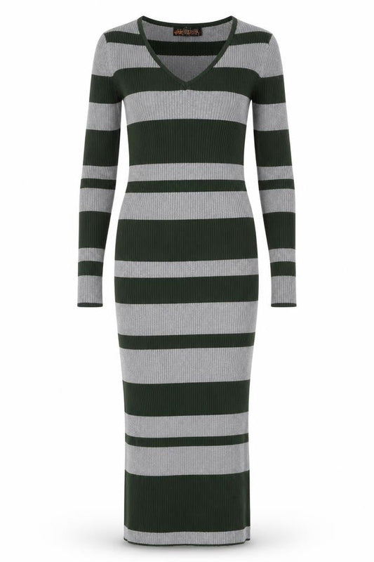 QED London Women's Striped Knit Dress, M, Green & Grey