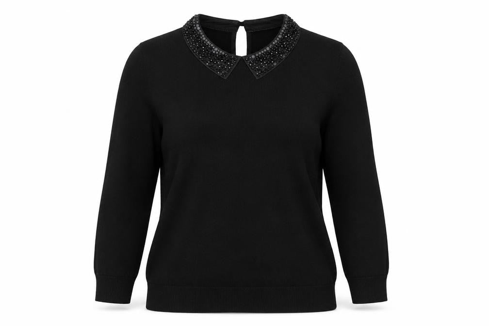 Karen Millen Women's Black Beaded Collar Top M
