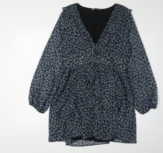 Zara Women's Multicoloured Floral Puff Sleeve Dress L