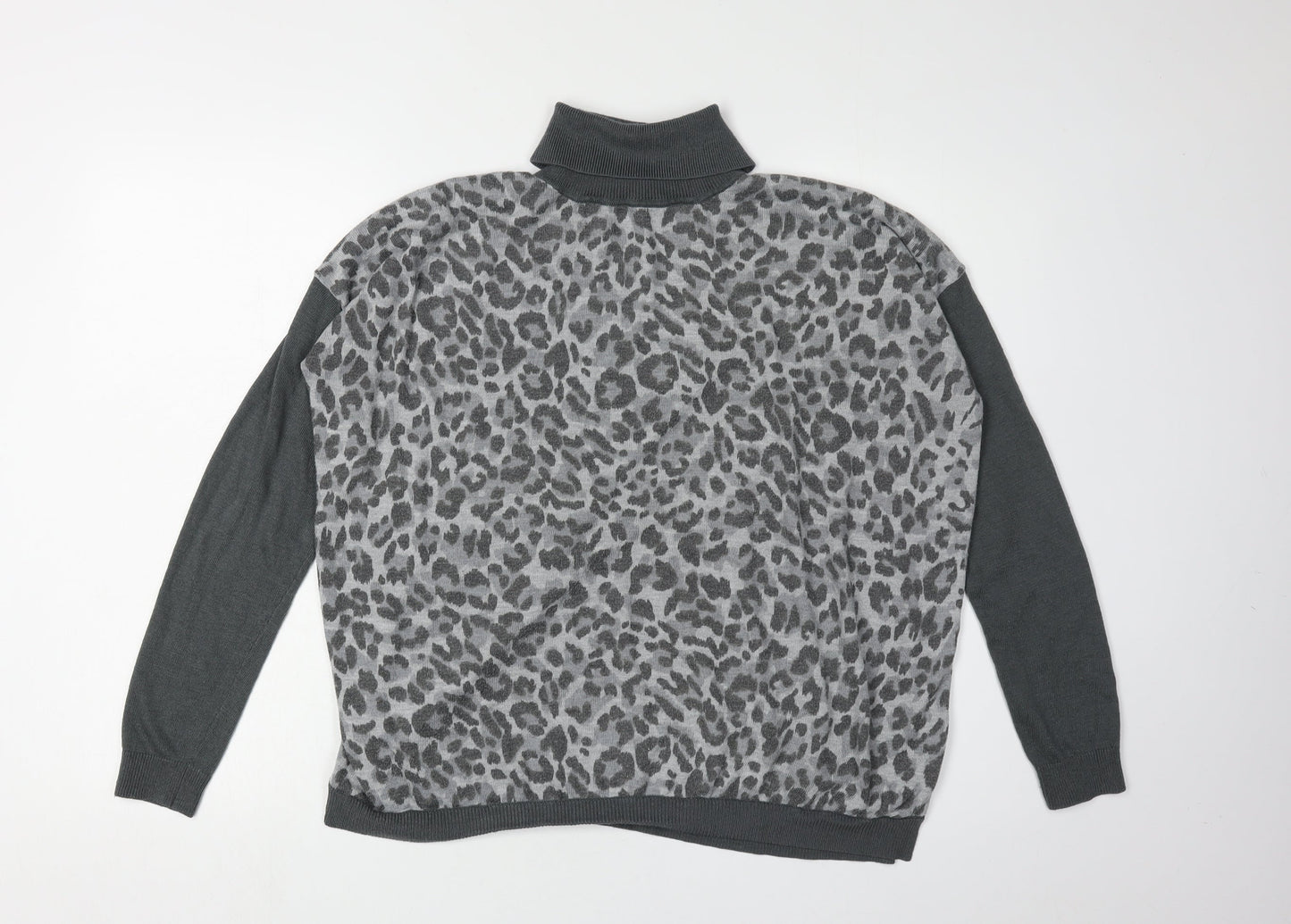 Oasis Women's Grey Leopard Print Roll Neck Jumper S