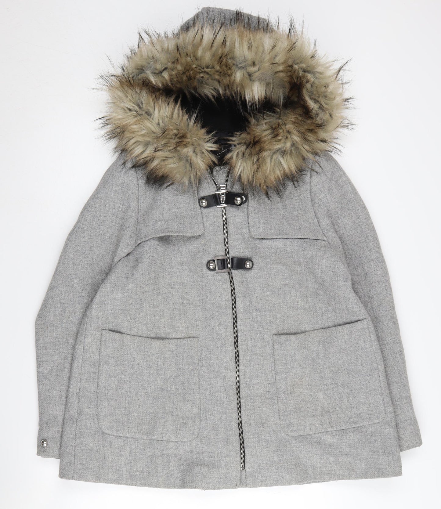 Zara Women's Grey Parka Coat with Fur Trim, Size L