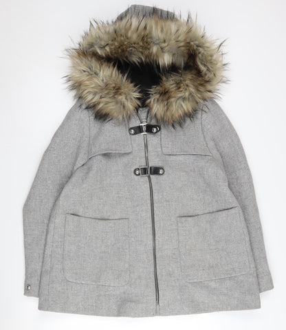 Zara Women's Grey Parka Coat with Fur Trim, Size L