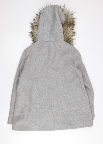 Zara Women's Grey Parka Coat with Fur Trim, Size L