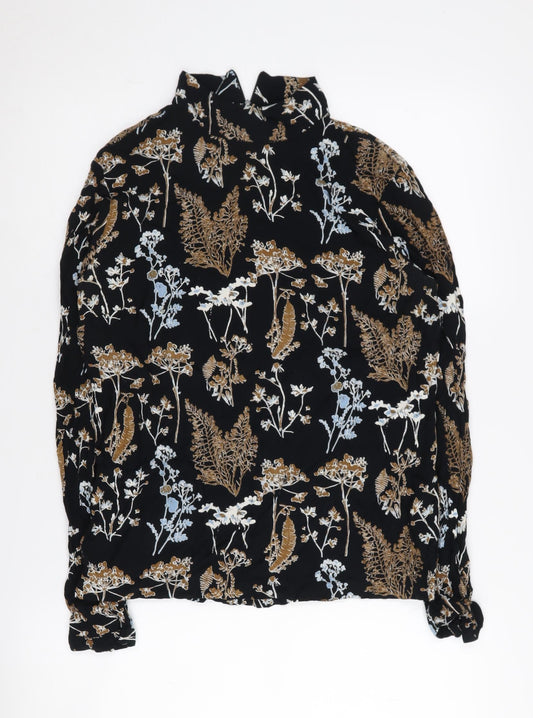 PIECES Women's Black Floral High Neck Long Sleeve Top