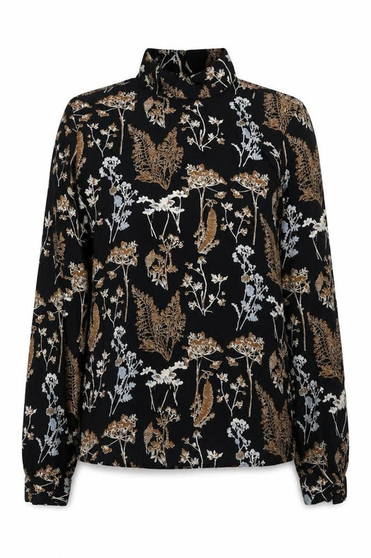 PIECES Women's Black Floral High Neck Long Sleeve Top