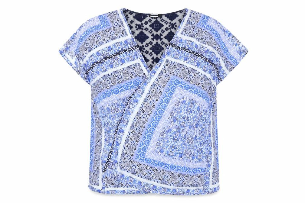 Roman Women's Blue Geometric Tunic Open Front Blouse, Size M