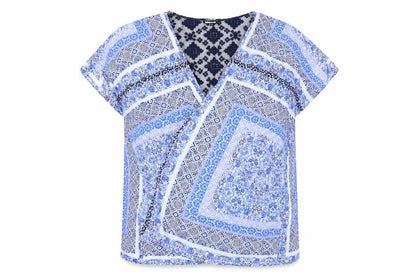 Front view of Roman Women's Blue Geometric Tunic Open Front Blouse, size M