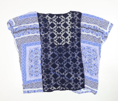 Back view of Roman Women's Blue Geometric Tunic Open Front Blouse, size M
