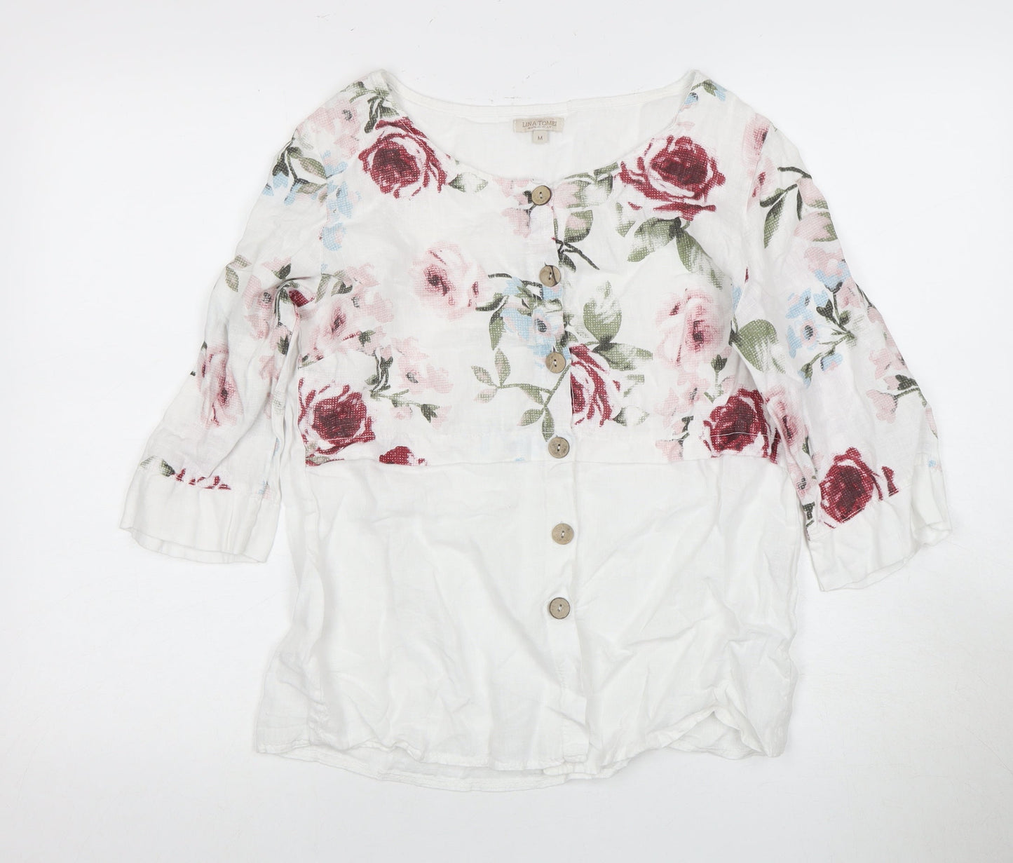 Lina Tomel Women's White Floral Linen Blouse Size M