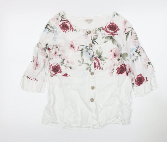 Lina Tomel Women's White Floral Linen Blouse Size M