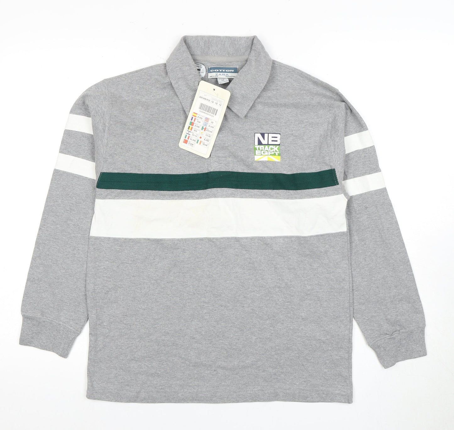 Zara Women's Grey Polo Shirt - Size 12, Cotton, Long Sleeve