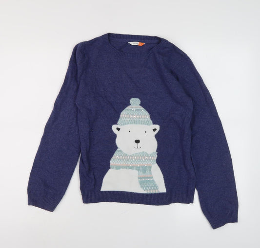 John Lewis Girls Blue Polar Bear Jumper, Size 12, Knit Pullover