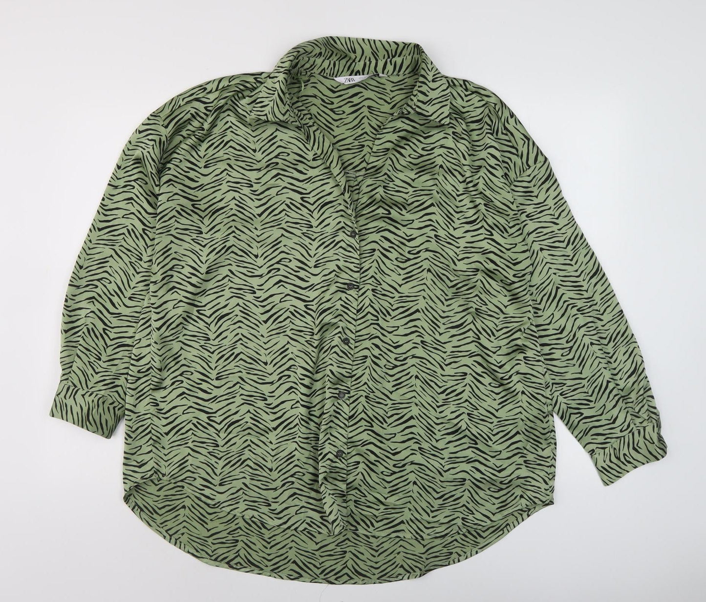 Zara Women's Green Zebra Print Button-Up Shirt L