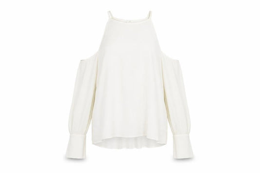 Front view of Zara Woman White Halter Blouse, M, Long Sleeve, Cold Shoulder