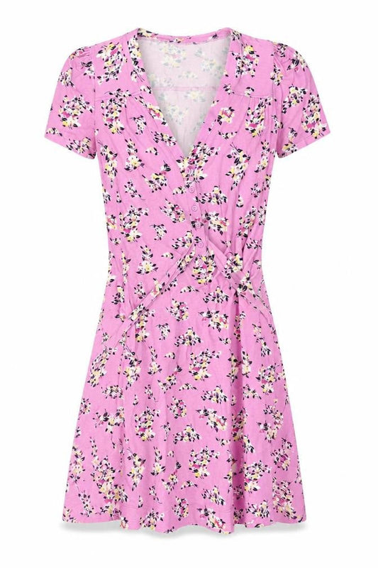 Front view of French Connection Women’s Pink Floral Wrap Dress, size UK 8