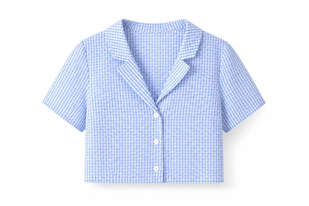 H&M Women's Blue Cropped Check Button-Up Shirt Size 6