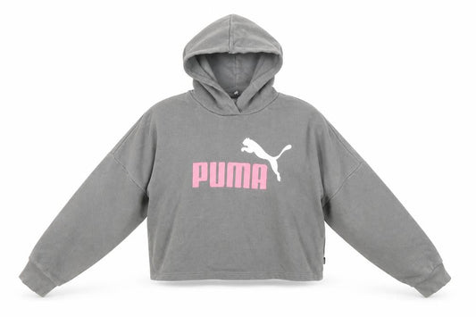 Front view of Puma girls’ grey hoodie, logo, size L, casual fleece