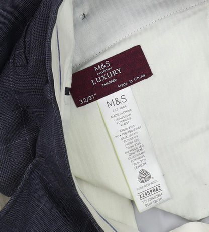 Marks & Spencer Men's Blue Check Trousers, Size 32