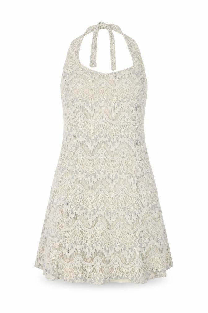 I Love H81 Women's Ivory Halter Lace Dress L