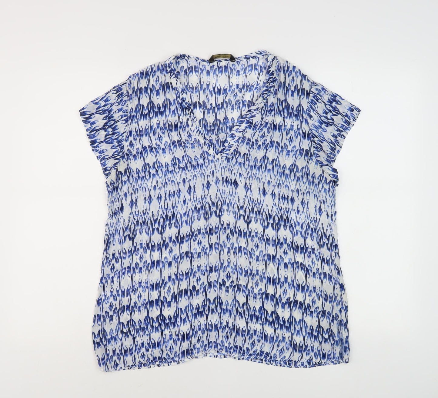 Massimo Dutti Women's Blue Geometric V-Neck Blouse Size 16