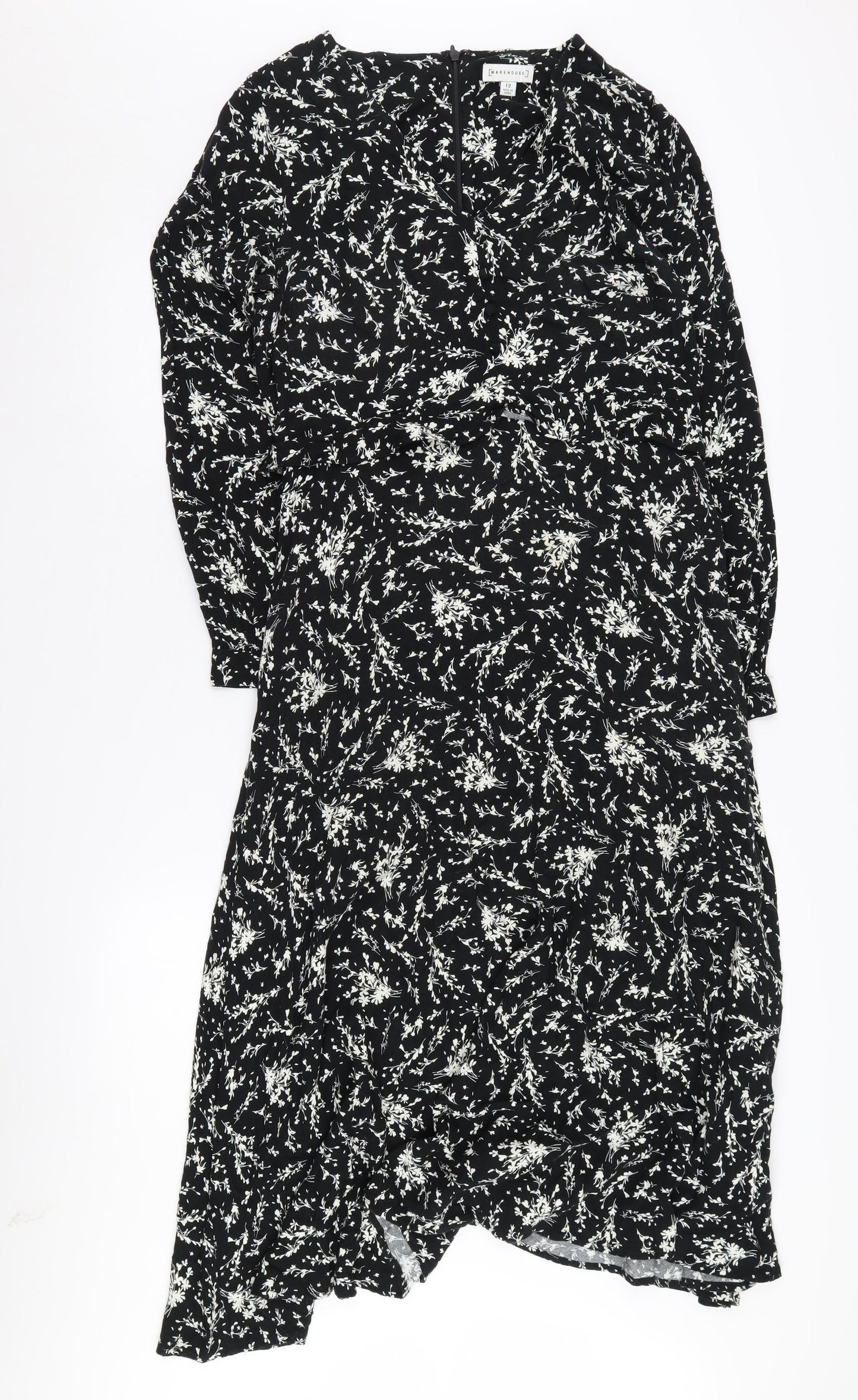 Warehouse Women's Black Floral A-Line Midi Dress, Size 12
