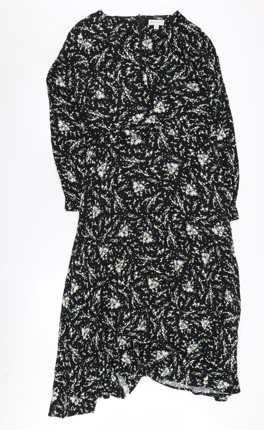 Warehouse Women's Black Floral A-Line Midi Dress, Size 12