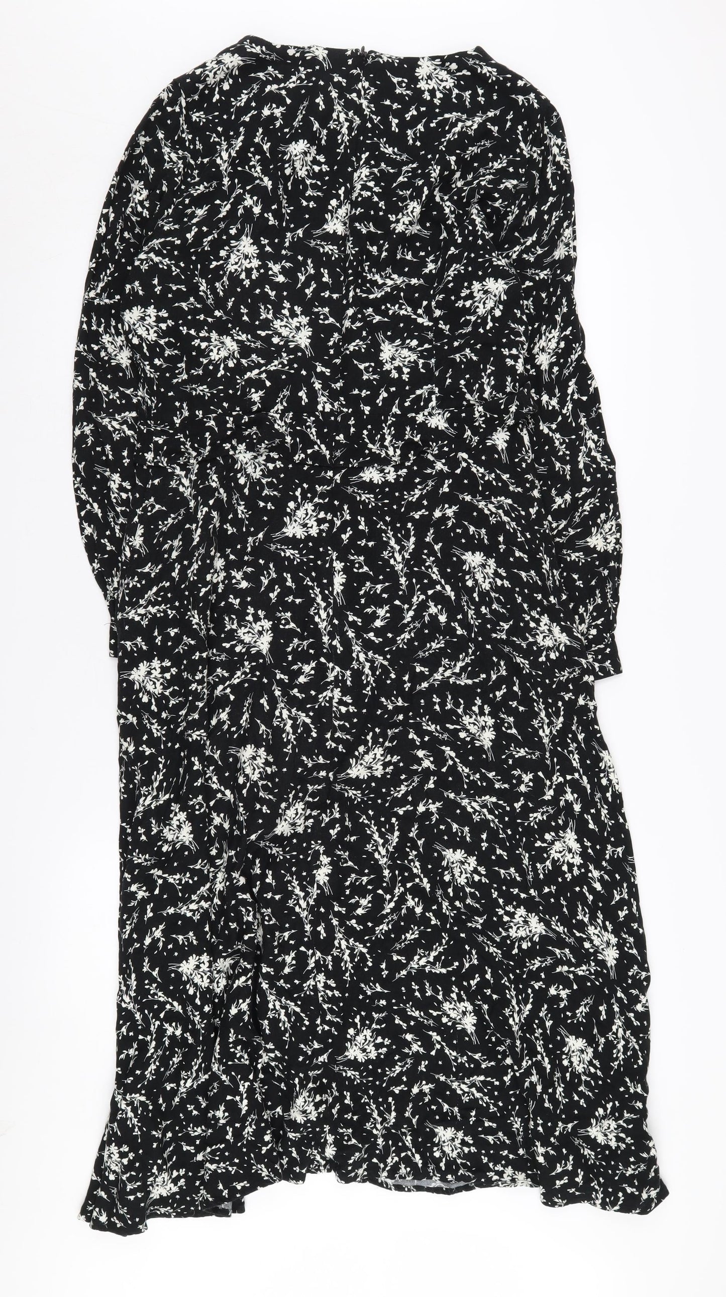 Warehouse Women's Black Floral A-Line Midi Dress, Size 12