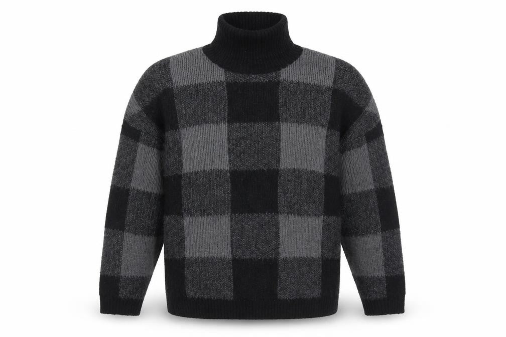 ASOS DESIGN Men's Black Roll Neck Check Jumper L