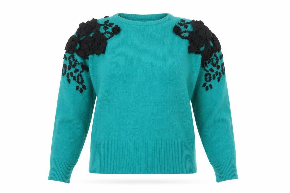 Viyella Women's Blue Pullover Jumper M, Floral Accents