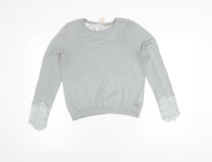 H&M Women's Grey Long Sleeve Top with Lace Accent