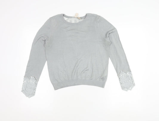 H&M Women's Grey Long Sleeve Top with Lace Accent