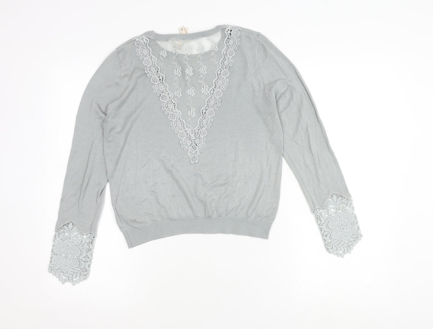 H&M Women's Grey Long Sleeve Top with Lace Accent
