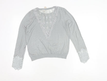 H&M Women's Grey Long Sleeve Top with Lace Accent