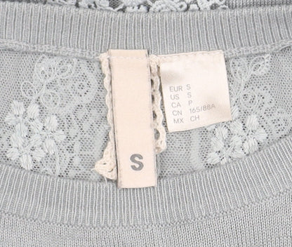 H&M Women's Grey Long Sleeve Top with Lace Accent