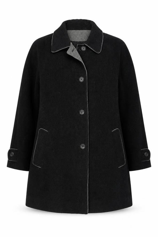 Front view of C&A Women Black Wool Coat, size 14, Button Long