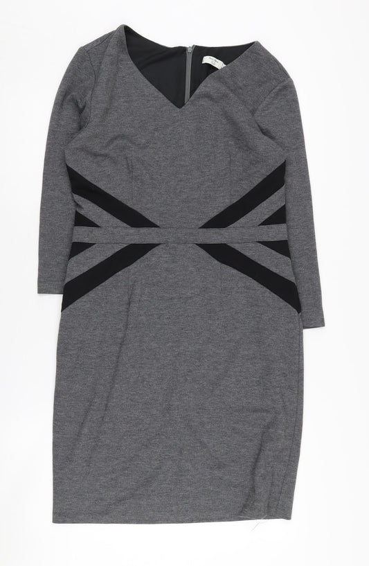 Paul Brial Women's Grey Pencil Dress Size 10, V-Neck, 3/4 Sleeve