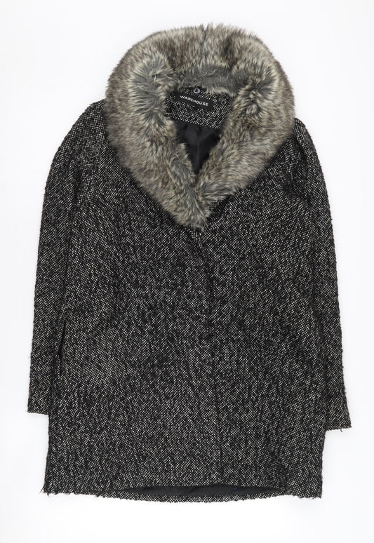 Warehouse Black Fur Trim Women's Overcoat Size 10