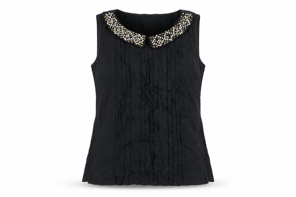 VILA Women's Black Beaded Collared Blouse M