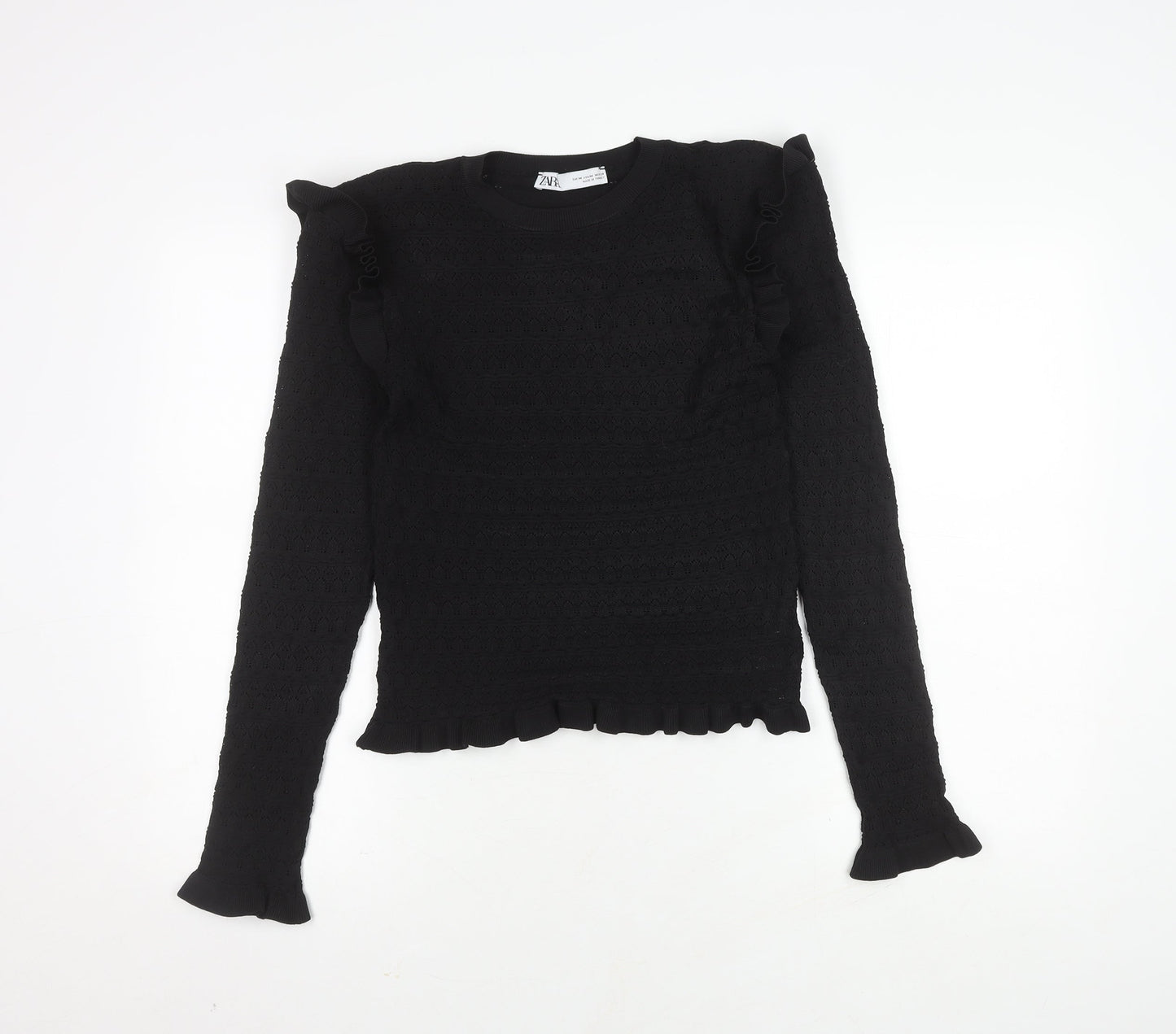 Zara Women's Black Knit Ruffle Long Sleeve Top Size M