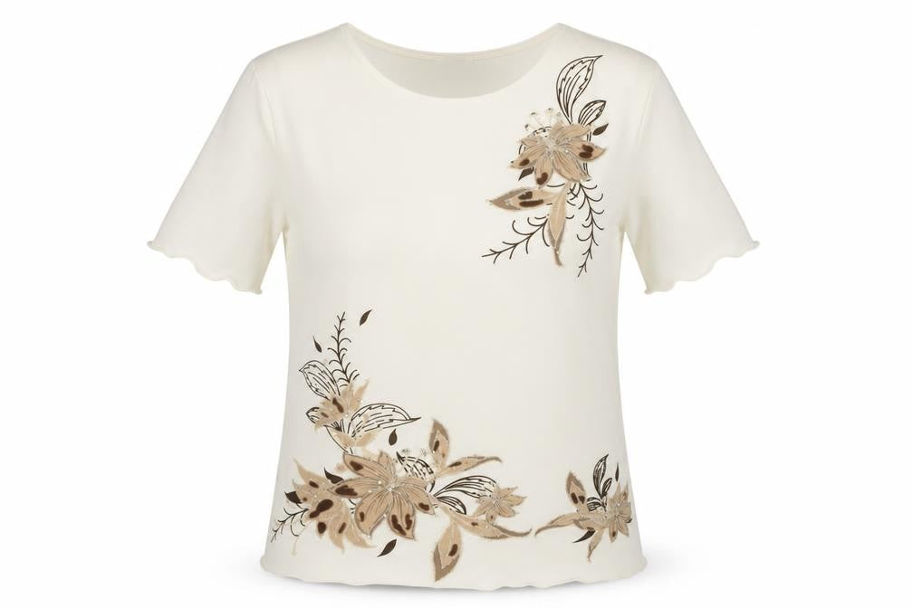 Damart Women's Beige Floral Embroidered T-Shirt Size 10