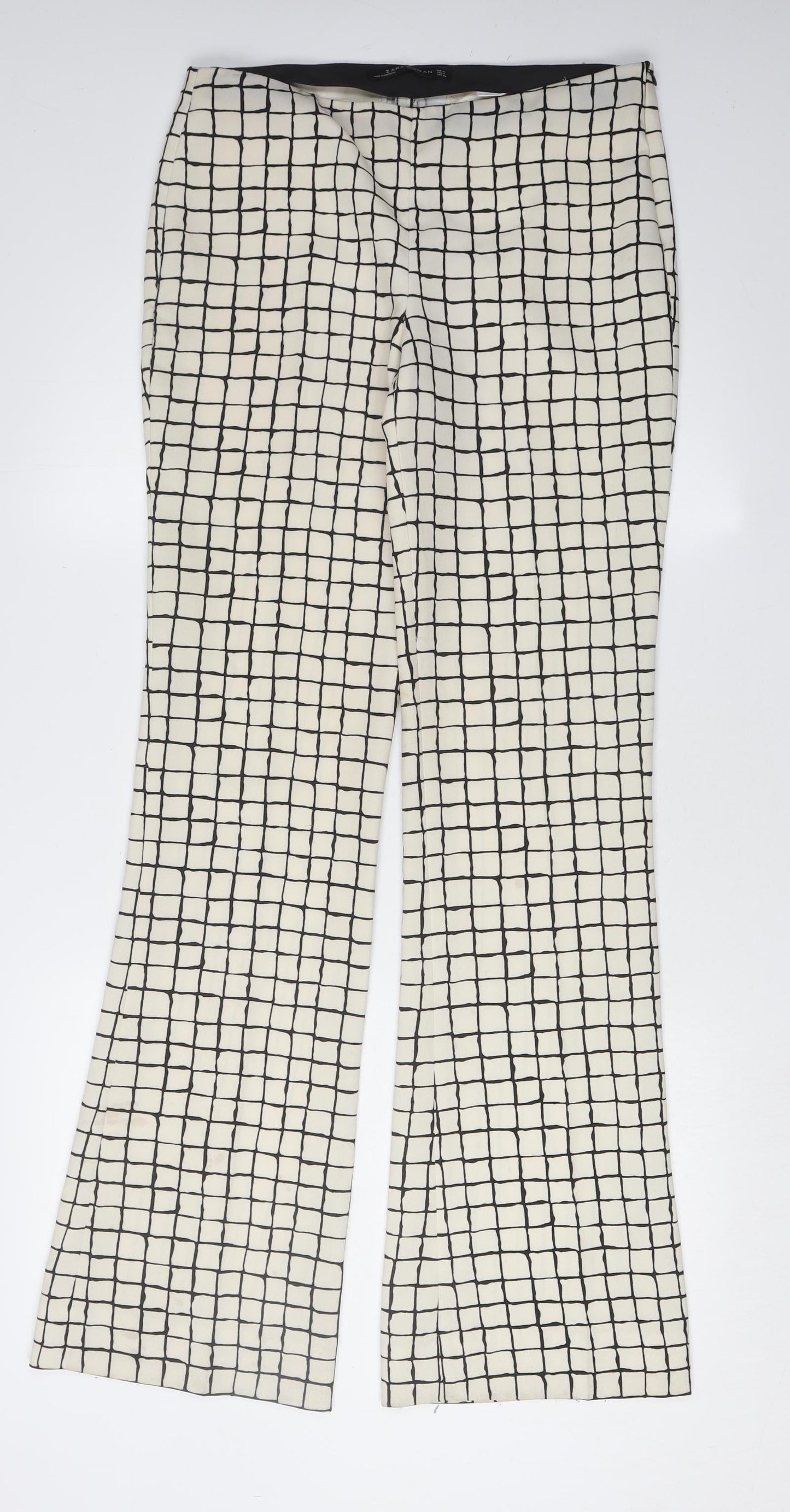 Zara Women's Ivory Check Flared Trousers, Size M