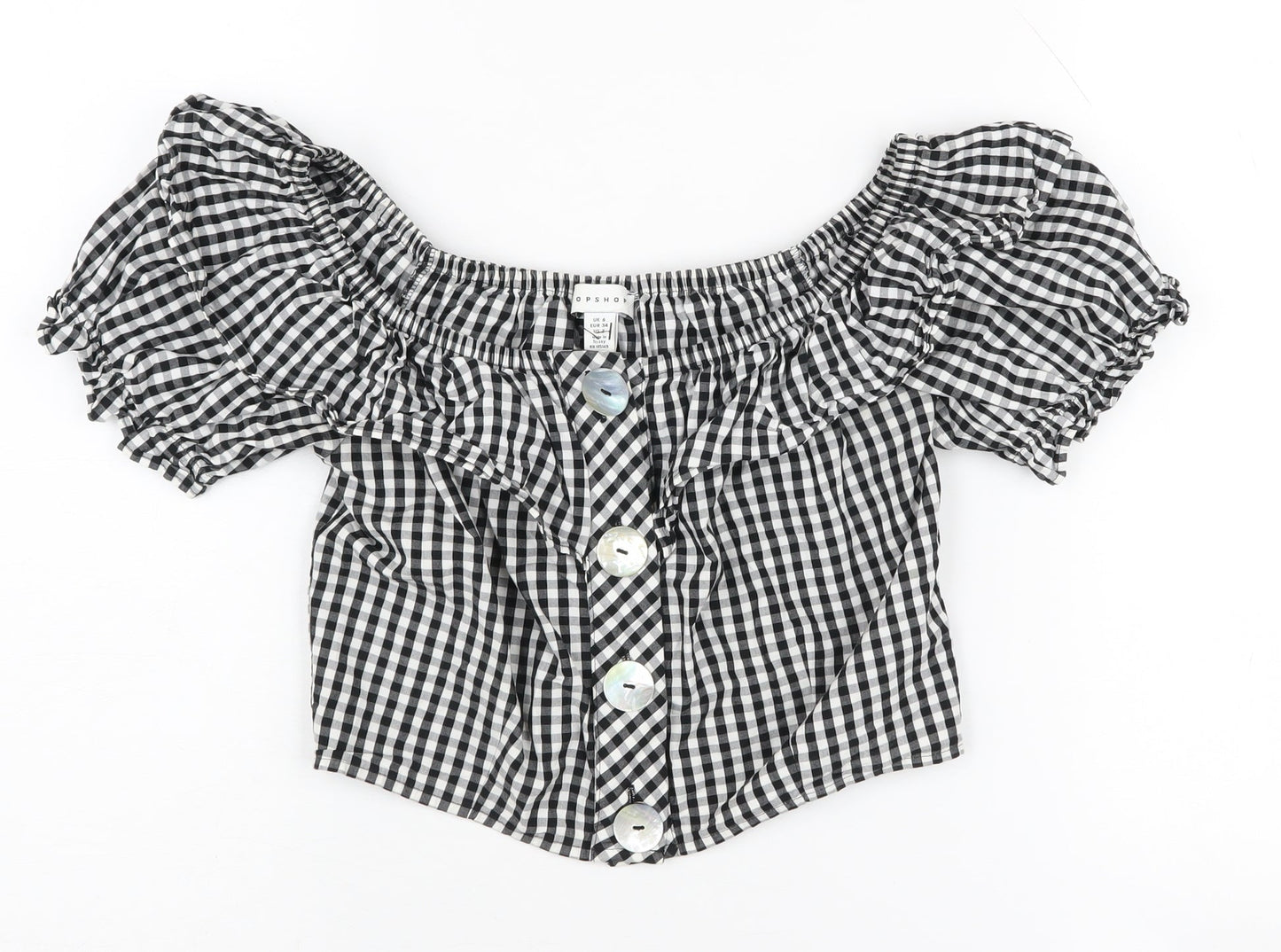Topshop Women's Black Check Off-Shoulder Cropped Blouse Size 6