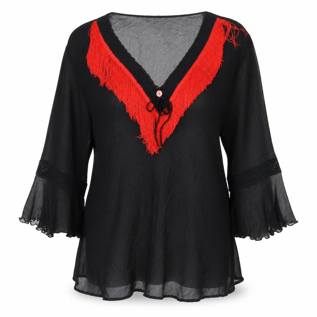 Silk Land Women's Black Flared Sleeve Blouse