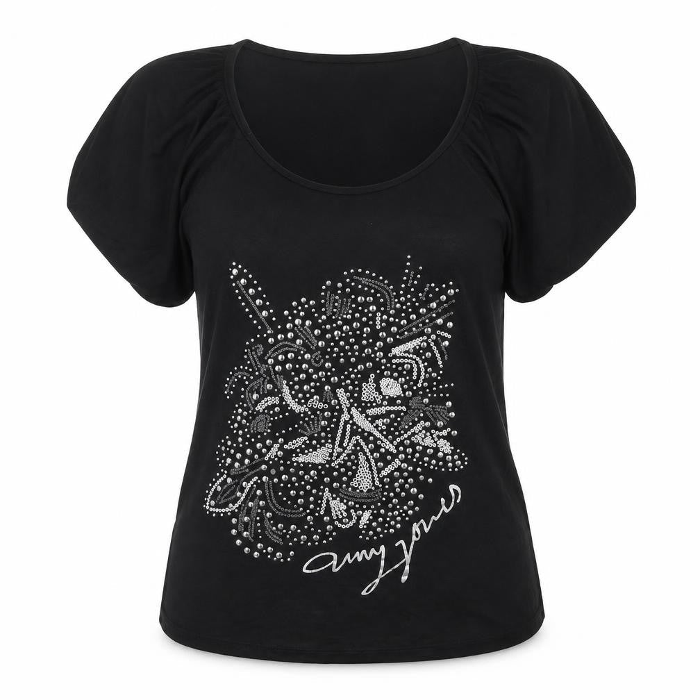 Amy Jones Women's Black Studded Tee, Size 14, Dolman Sleeve