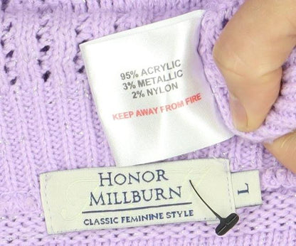 Close-up detail of Honor Millburn Women's Purple Open-Knit Cardigan L