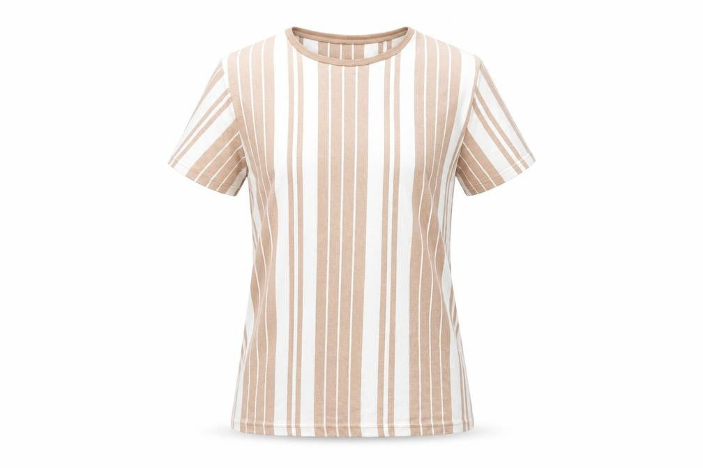 Brave Soul Women's Beige Striped T-Shirt, M, Crew Neck