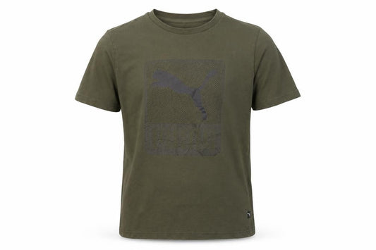 Front view of Puma boys’ green t-shirt, size L, basic logo style