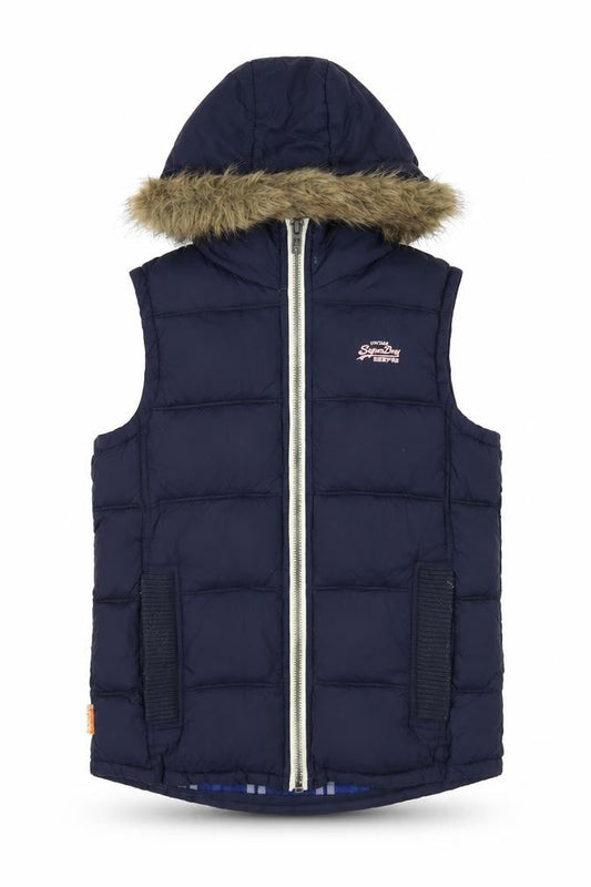 Superdry Women's Blue Waistcoat, Size S, Hooded Fur Trim