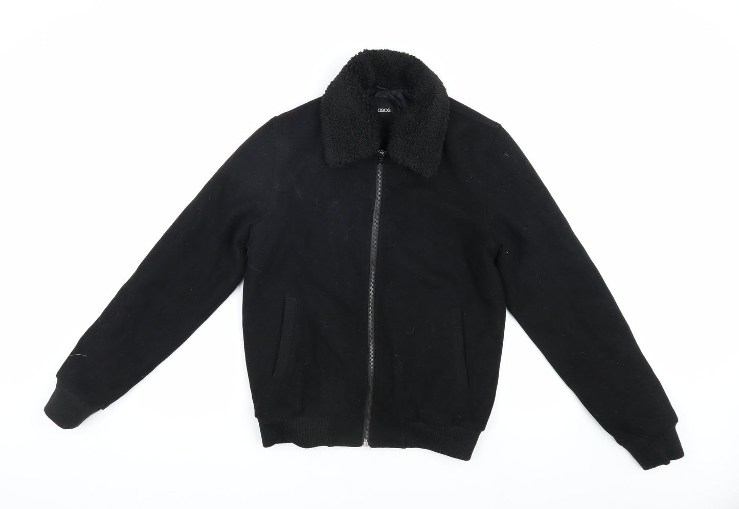 ASOS Unisex Black Wool Bomber Jacket, Size S, Full Zip
