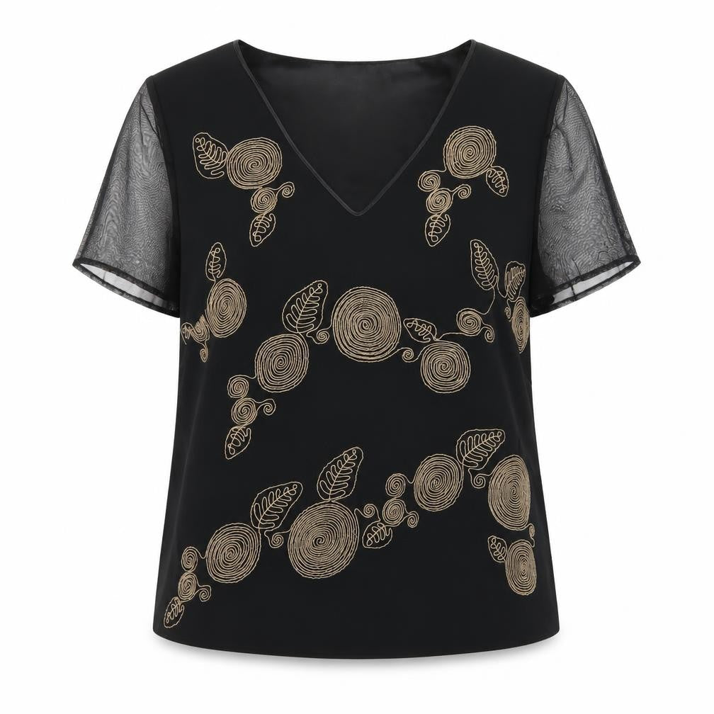 Jacques Vert Women's Black Embroidered V-Neck Blouse Size 16